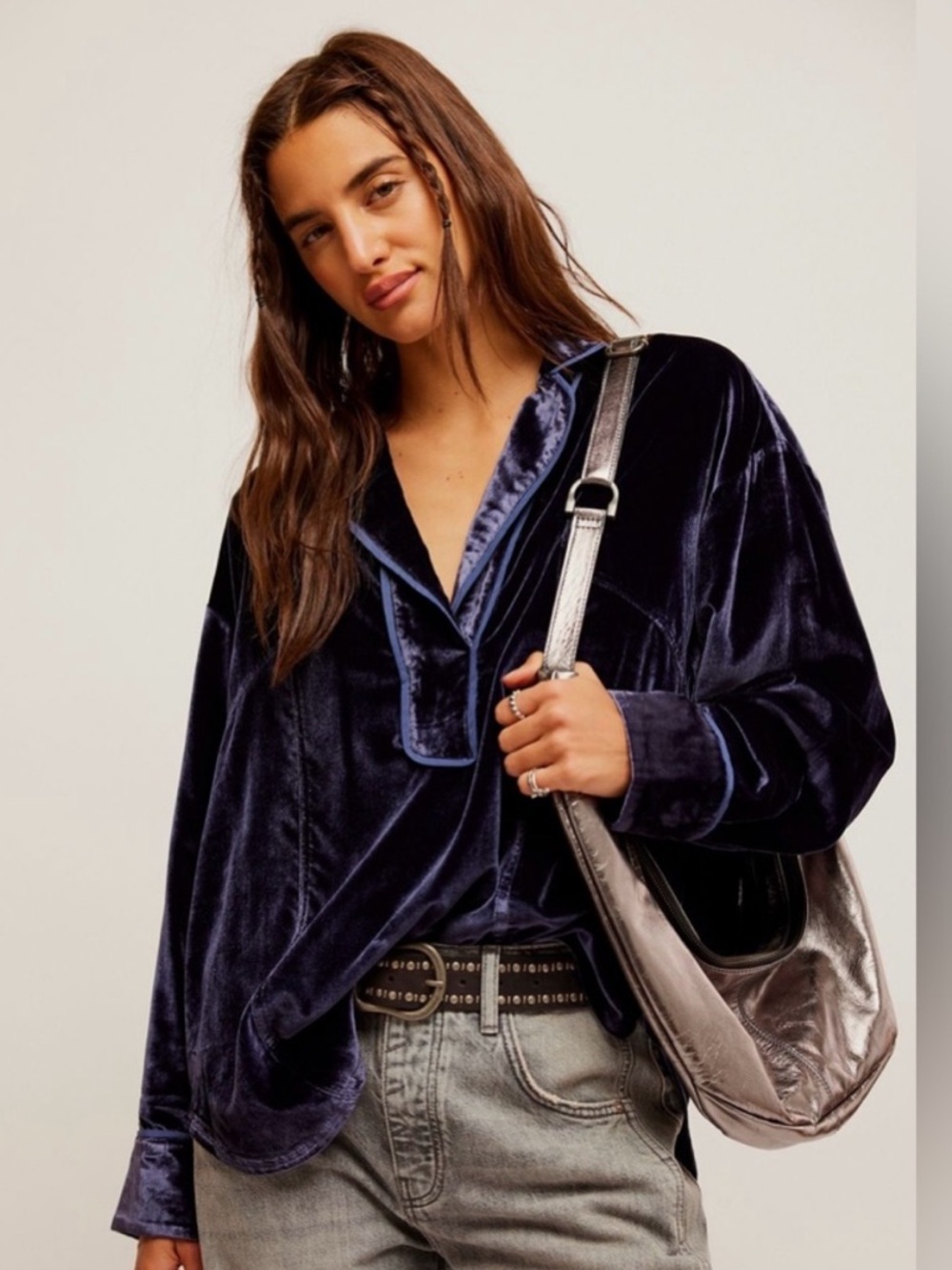 We The Free Luxy Solid Velvet Shirt in Blue Size Small